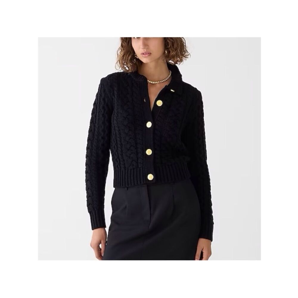 J. Crew Black Cable-Knit Ruffle Neck Button Up Cardigan Sweater Size S